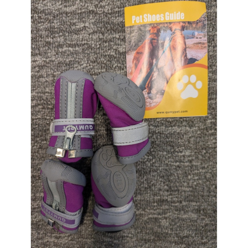QUMY Dog Boots Size 1 Purple Waterproof Reflective Anti-Slip Pet Shoes Set of 4